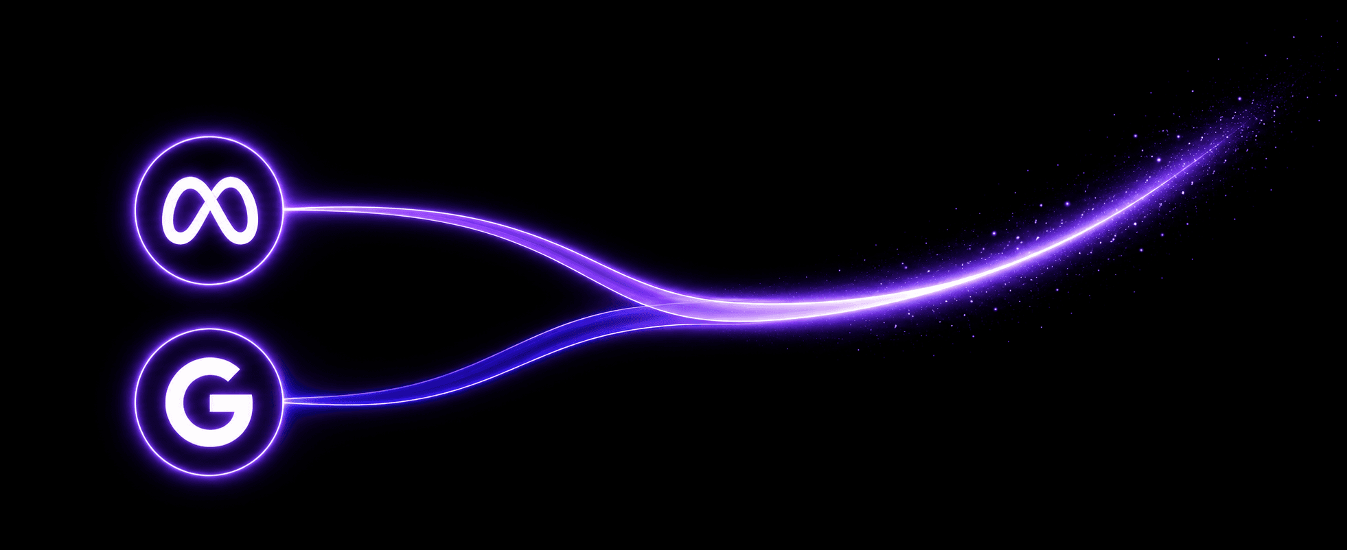 Logos da Meta e do Google ligados por trilhas de luz que se fundem numa curva ascendente